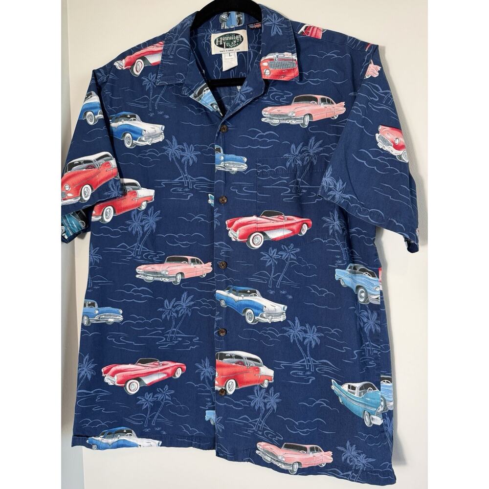 Hawaiian Islands Men's Blue Cotton Car Print Button-Up Shirt L USA Made